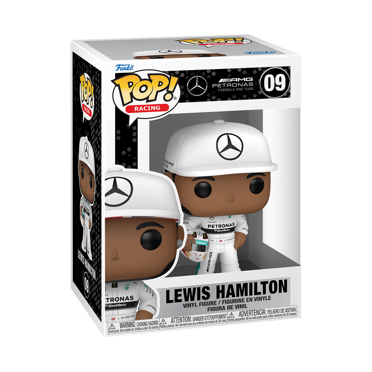 Figurina Funko POP! model Lewis Hamilton versiune AMG Petronas F1 cu sapca inaltime 10cm material Vinyl licenta