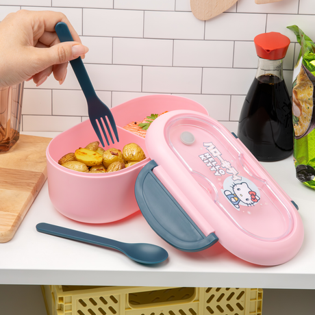 Cutie pentru pranz model Hello Kitty caserola bento cu capac si tacamuri 2 compartimente licenta oficiala Sanrio - Cutie