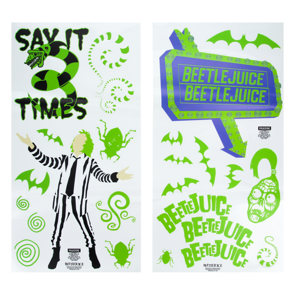Set Stickere decorative model Beetlejuice 4 pagini autocolante pentru perete 50 buc Halloween licenta oficiala Warner