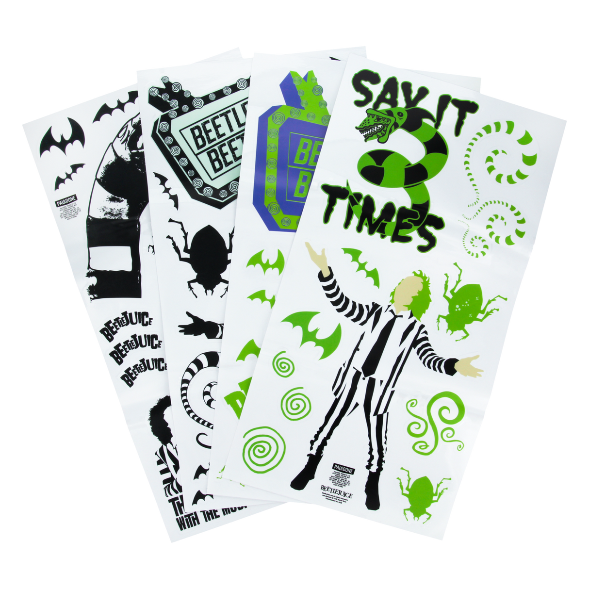 Set Stickere decorative model Beetlejuice 4 pagini autocolante pentru perete 50 buc Halloween licenta oficiala Warner