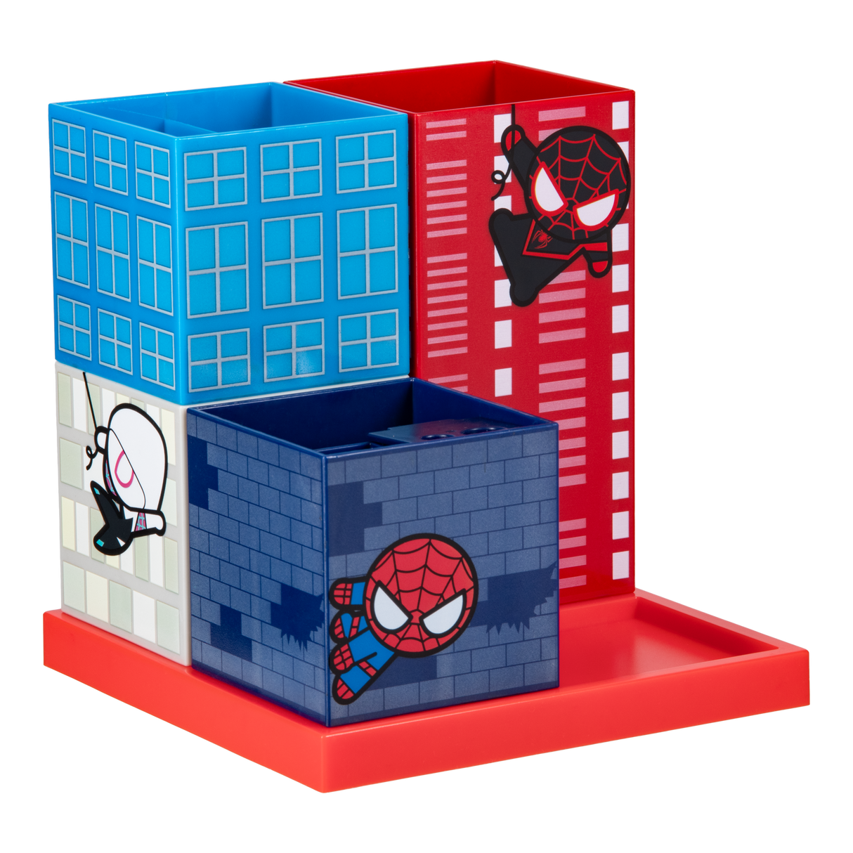 Organizator de birou model Spiderman 4 compartimente 24 aranjari posibile accesoriu ascutitoare multicolor ideal