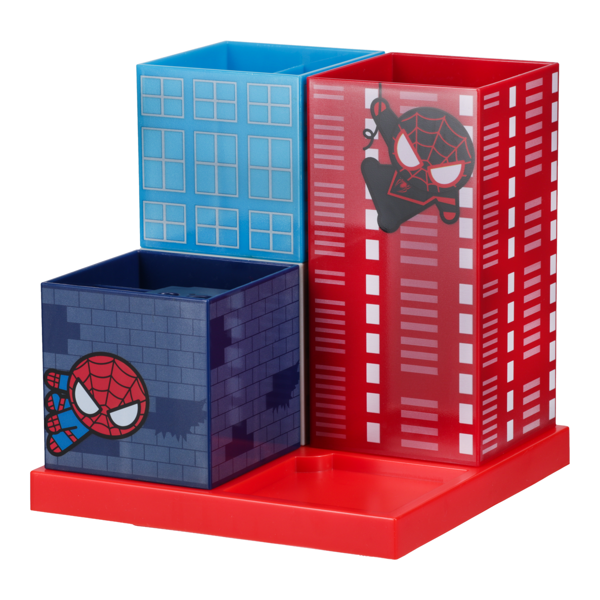Organizator de birou model Spiderman 4 compartimente 24 aranjari posibile accesoriu ascutitoare multicolor ideal