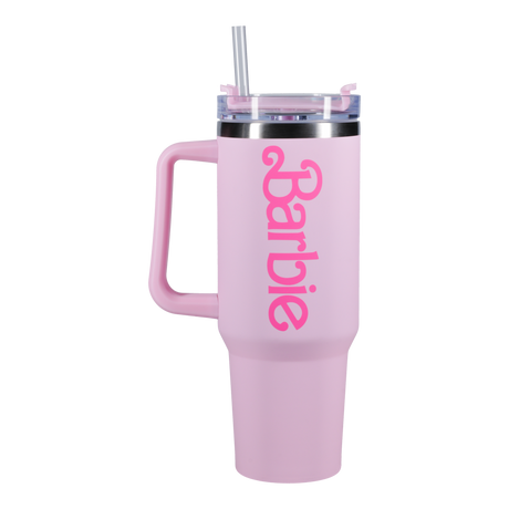 Cana termica XL model Barbie termos cu maner capac si pai capacitate 1200ml roz otel inox protectie anti-scurgere