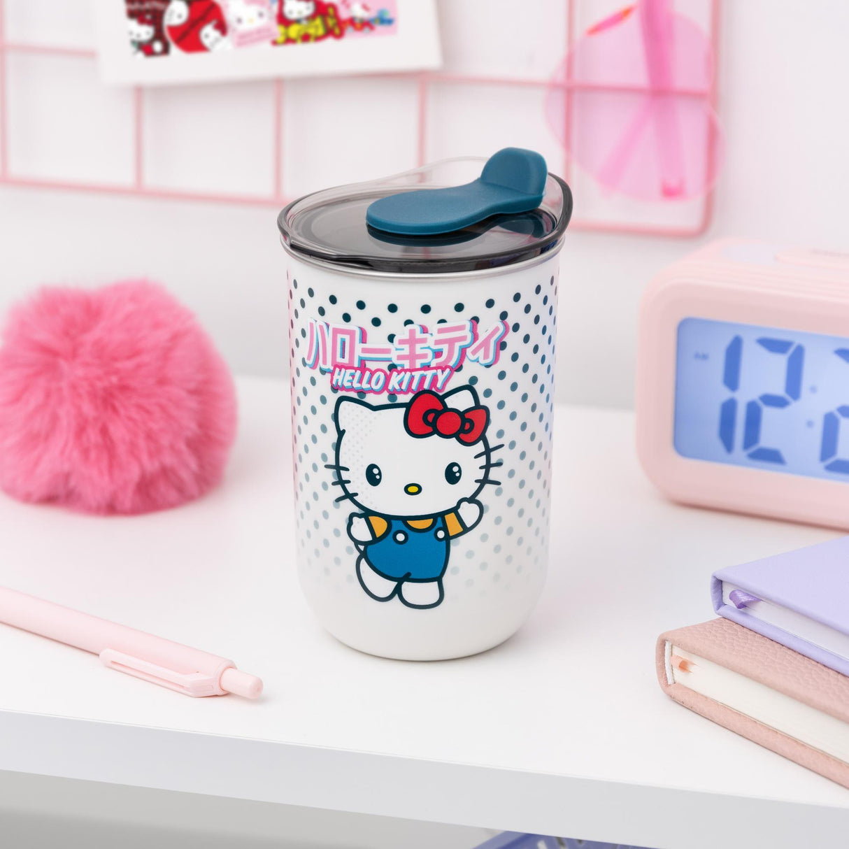 Cana termica de voiaj model Hello Kitty capacitate 350 ml INOX alb-multicolor protectie anti-scurgere licenta oficiala
