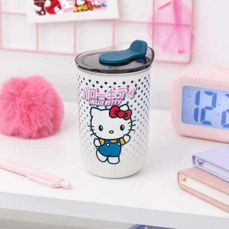 Cana termica de voiaj model Hello Kitty capacitate 350 ml INOX alb-multicolor protectie anti-scurgere licenta oficiala