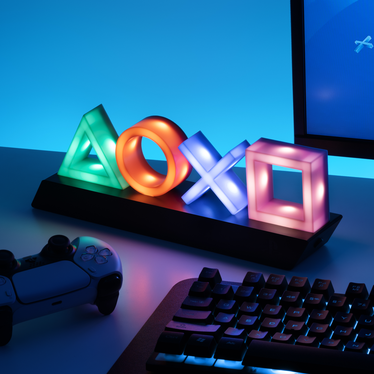 Lampa decorativa model PlayStation noptiera birou sau gaming semn luminos LED multicolor forma logo 3D licenta oficiala