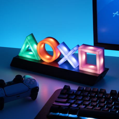 Lampa decorativa model PlayStation noptiera birou sau gaming semn luminos LED multicolor forma logo 3D licenta oficiala