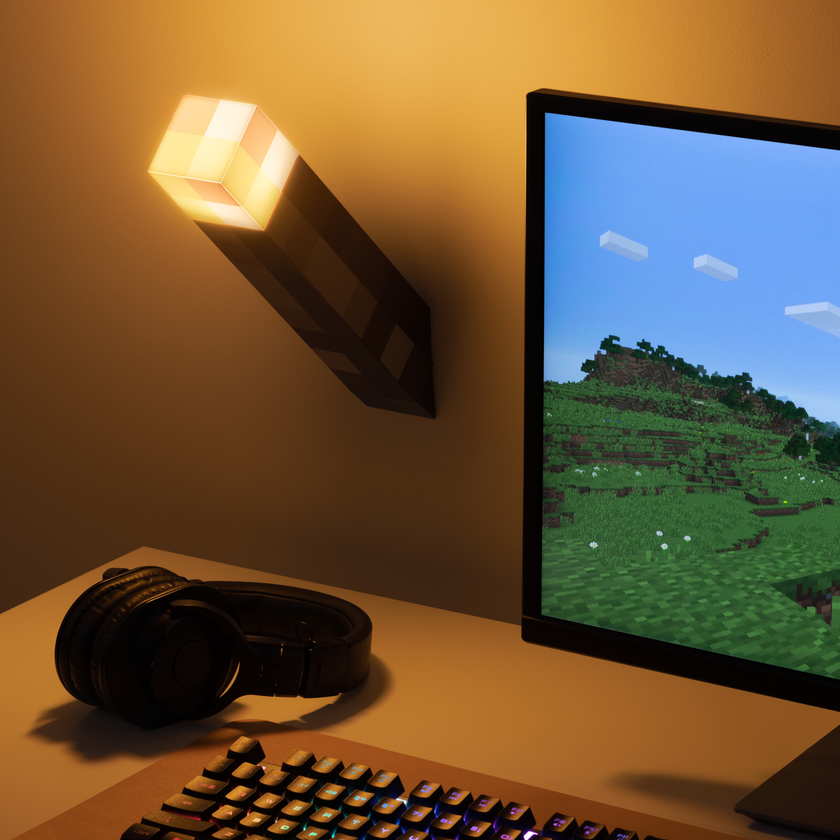 Lampa decorativa model torta Minecraft de veghe noptiera birou sau gaming semn luminos LED forma geometrica 3D licenta